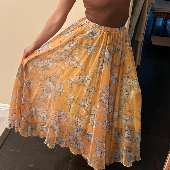 Dresses & Skirts - Mustard Floral Sheer Maxi Skirt XS/S Elastic Waist Boho Cottagecore